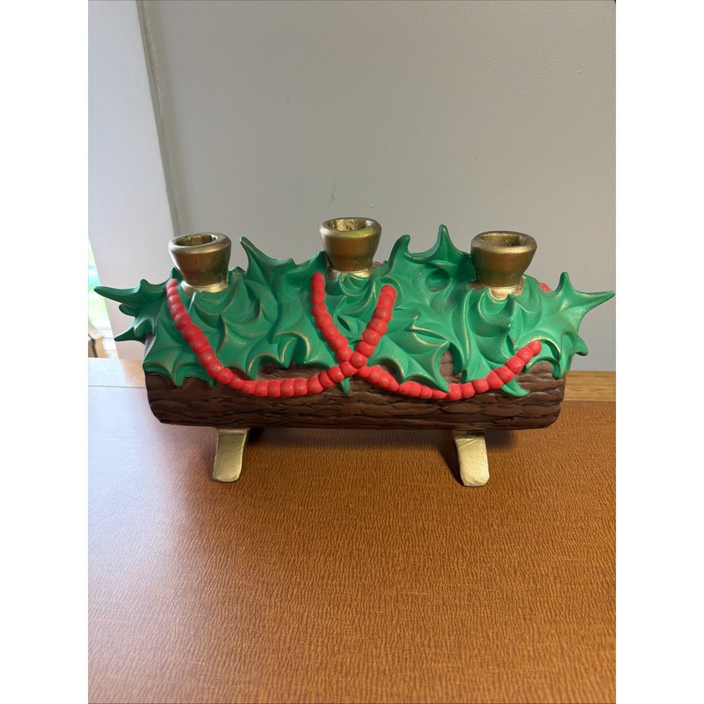 Vintage 1968 Atlantic Mold Ceramic Yule Log & Holly Candle Holder-Excellent